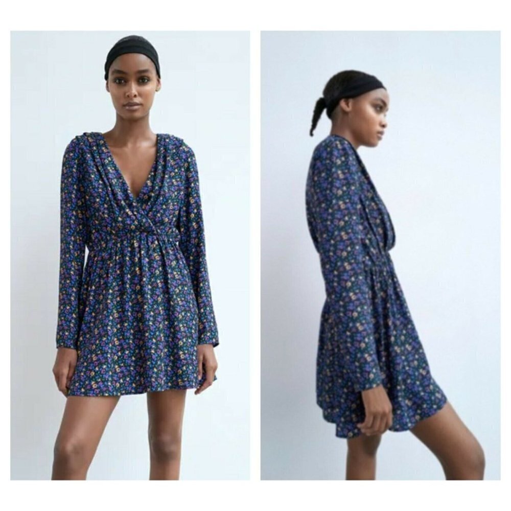 NWT ZARA Wrap Dress Floral Shoulder Pad Bohemian Flowy Long Sleeves Zipper M